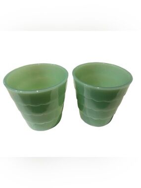 Two Vintage Fire King Jadeite Green Glass Planter Flower Pots 3.75”